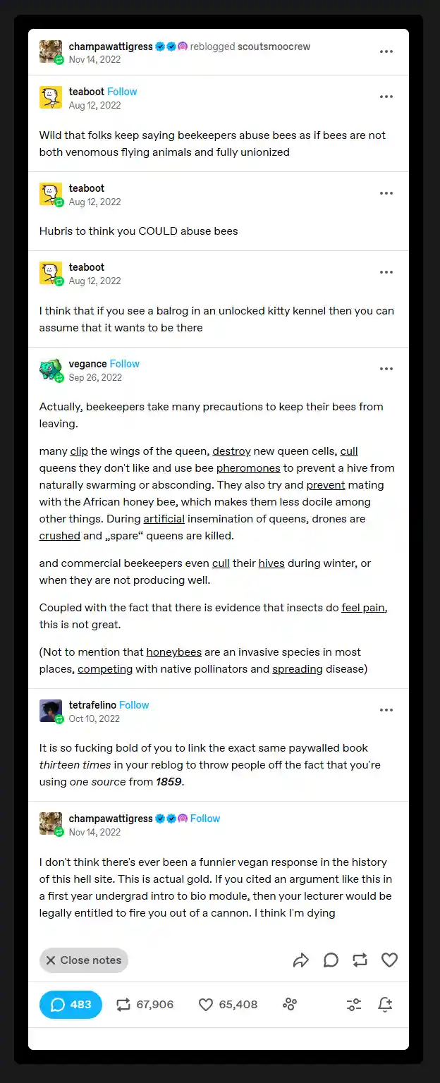 A screenshot of a social media thread where a user named 'teaboot' argues that bees are 'fully unionized' and cannot be…