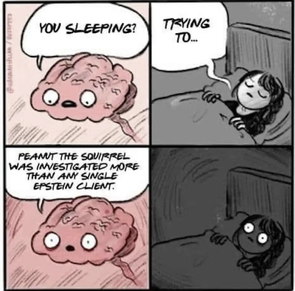 A four-panel comic strip shows a cartoon brain asking a sleeping person if they are sleeping, the person replies 'trying…
