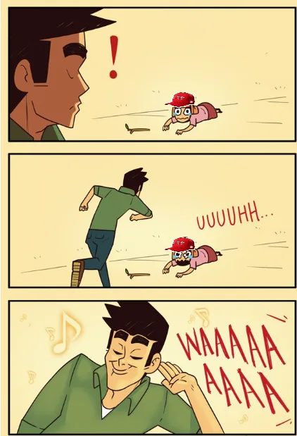 A three-panel comic strip shows a man reacting to a crawling child. In the first panel, he sees the child crawling with an…