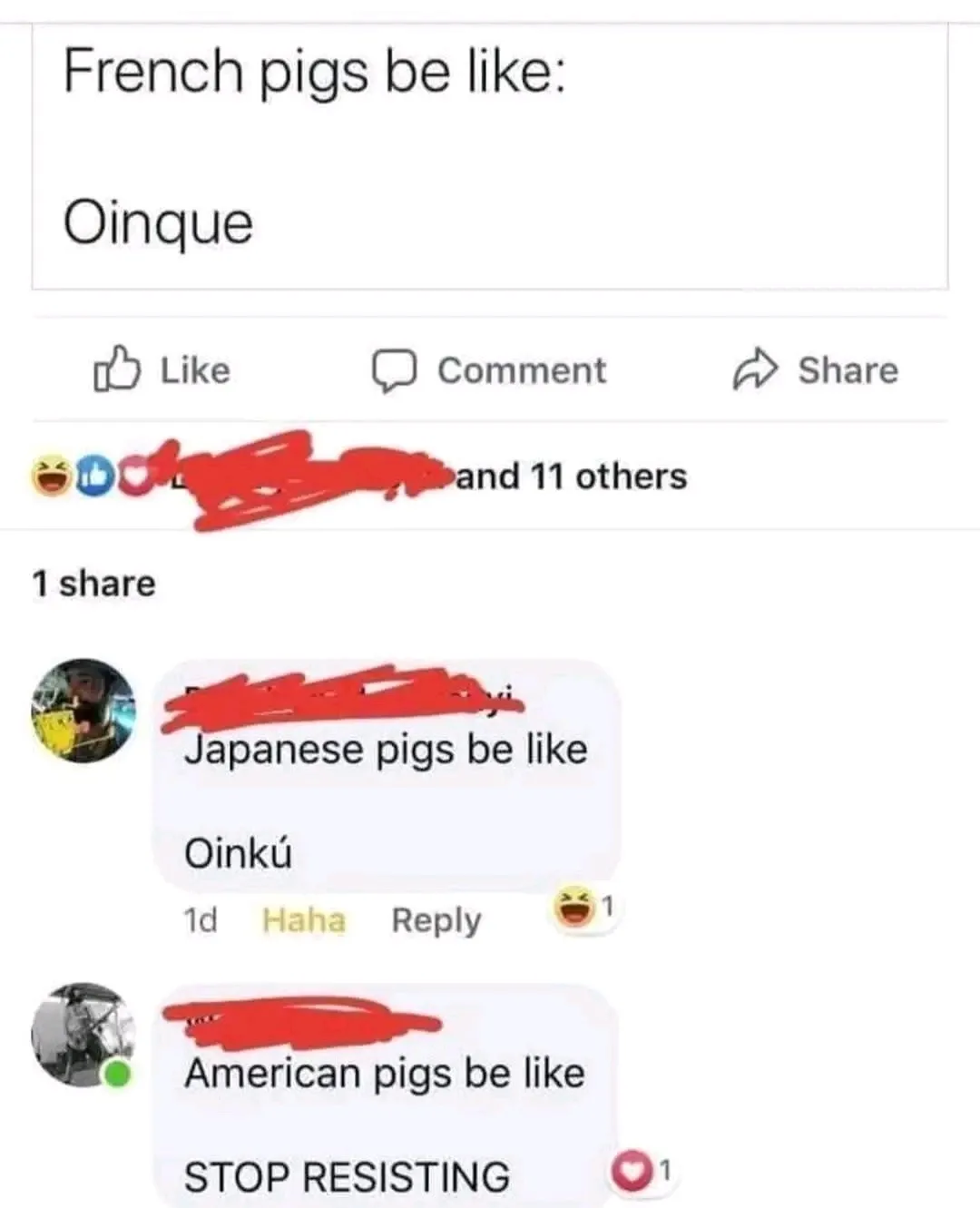 A screenshot of a Facebook post and comments showing a joke about pigs from different countries. The original post says…