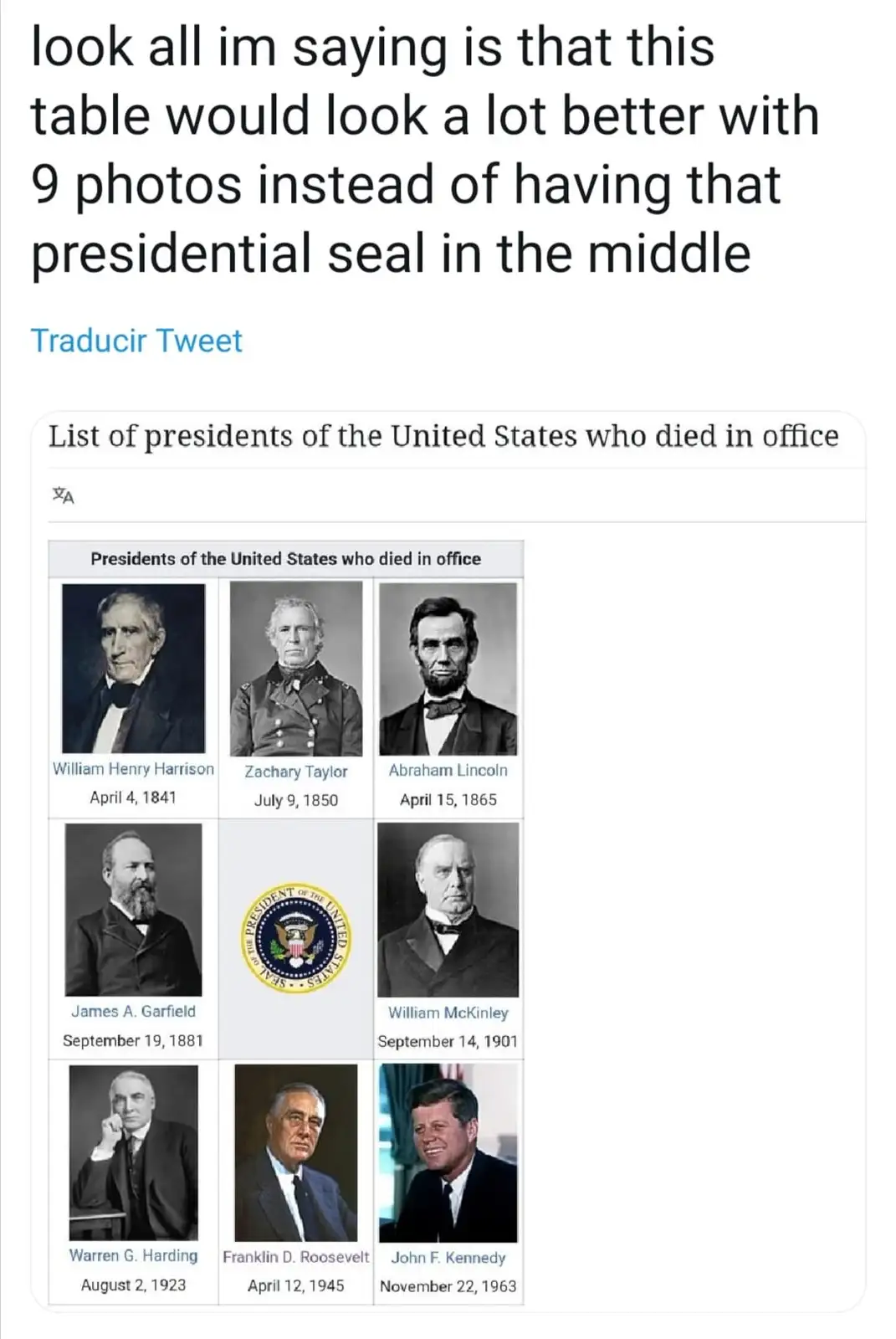 A screenshot of a Twitter post showing a 3x3 grid of black-and-white portraits of U.S. presidents who died in office, with…