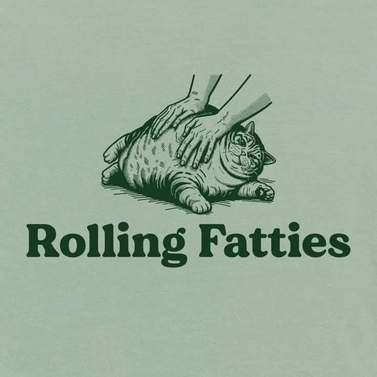 A vintage-style illustration shows a plump, striped cat lying on its side while two human hands press down on its belly…