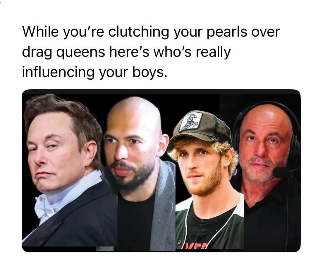 The image displays four men side-by-side: Elon Musk in a suit, a bald man with a beard, a young man in a baseball cap, and a…