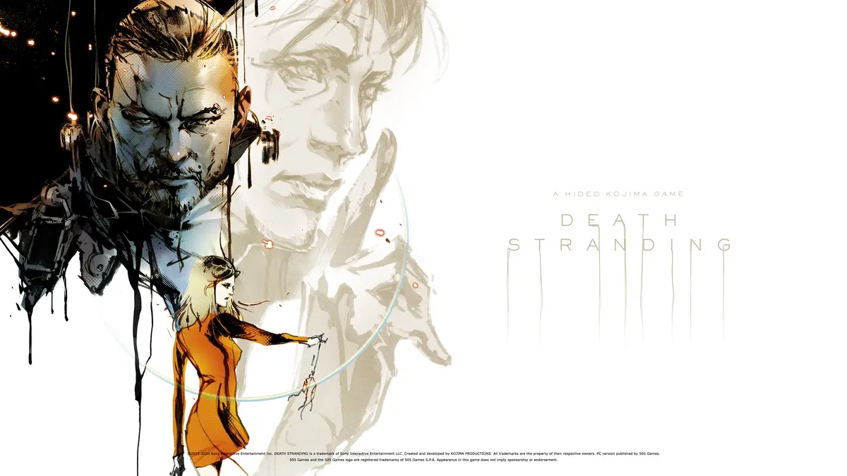 The image is promotional artwork for the video game 'Death Stranding' by Hideo Kojima, featuring a large, intense male…
