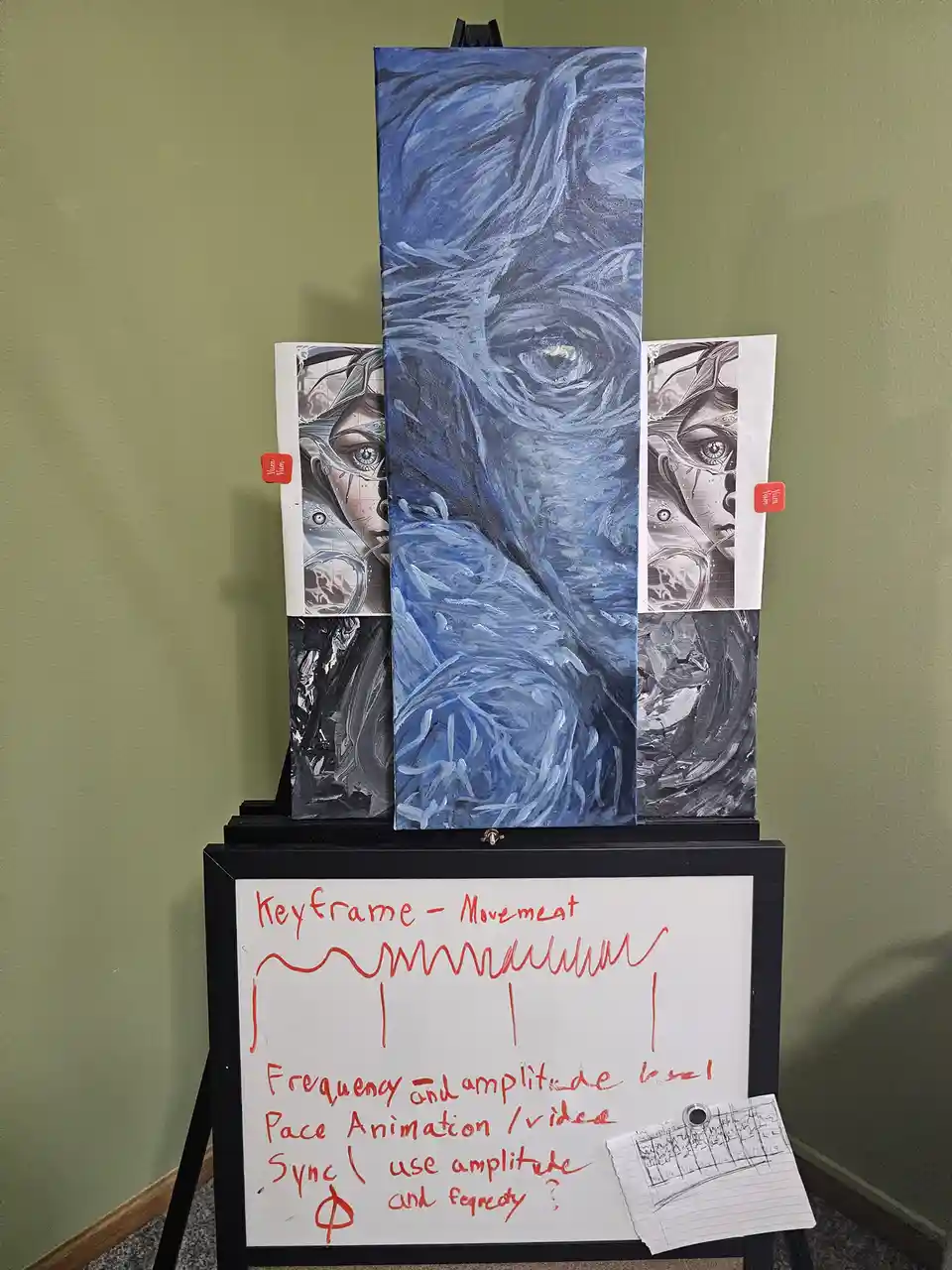 A whiteboard on an easel displays red handwritten notes about animation keyframes, frequency, and amplitude, with a blue…