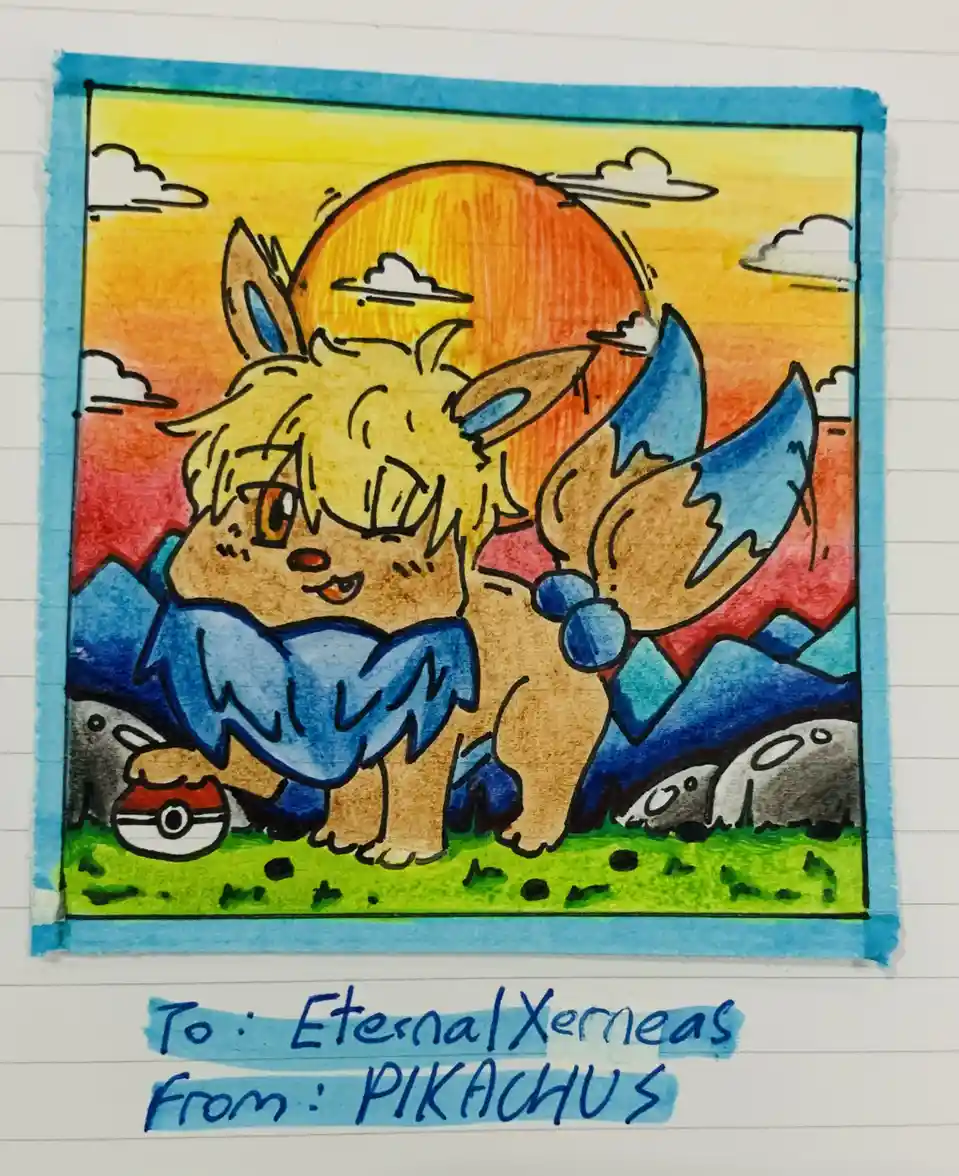 A hand-drawn, colorful cartoon depicts a fluffy, anthropomorphic creature with blue wings and a blue cape standing in a…