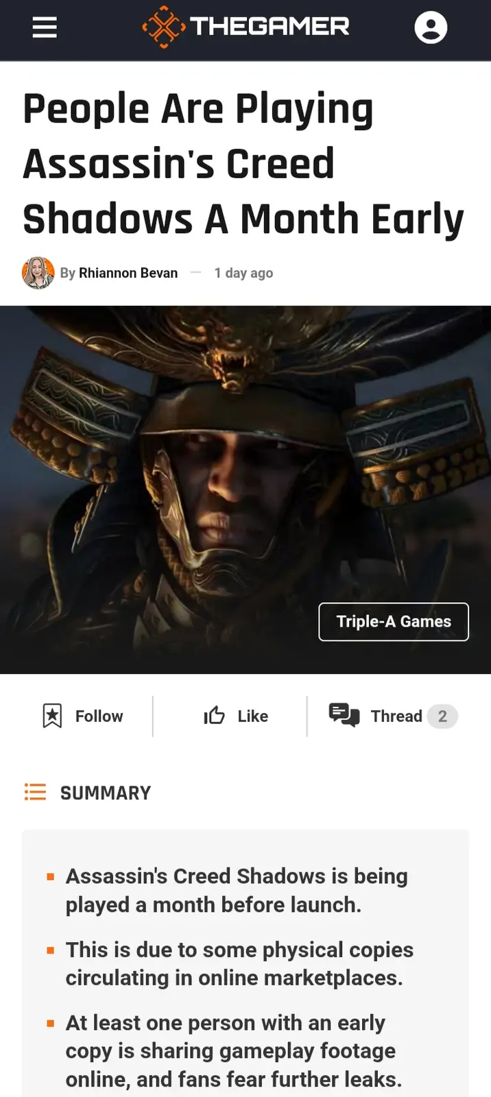 A screenshot of a TheGamer article titled 'People Are Playing Assassin's Creed Shadows A Month Early' shows a close-up of a…