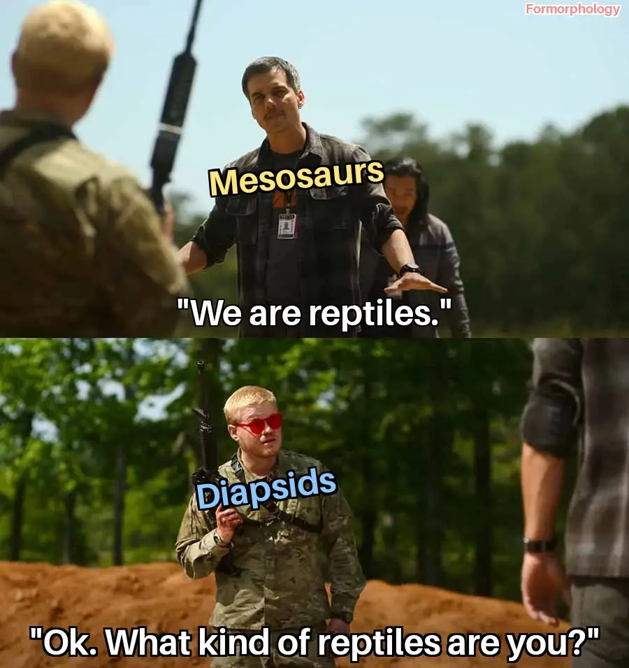 The top panel shows a man labeled 'Mesosaurs' saying 'We are reptiles.' The bottom panel shows a blonde man in military gear…