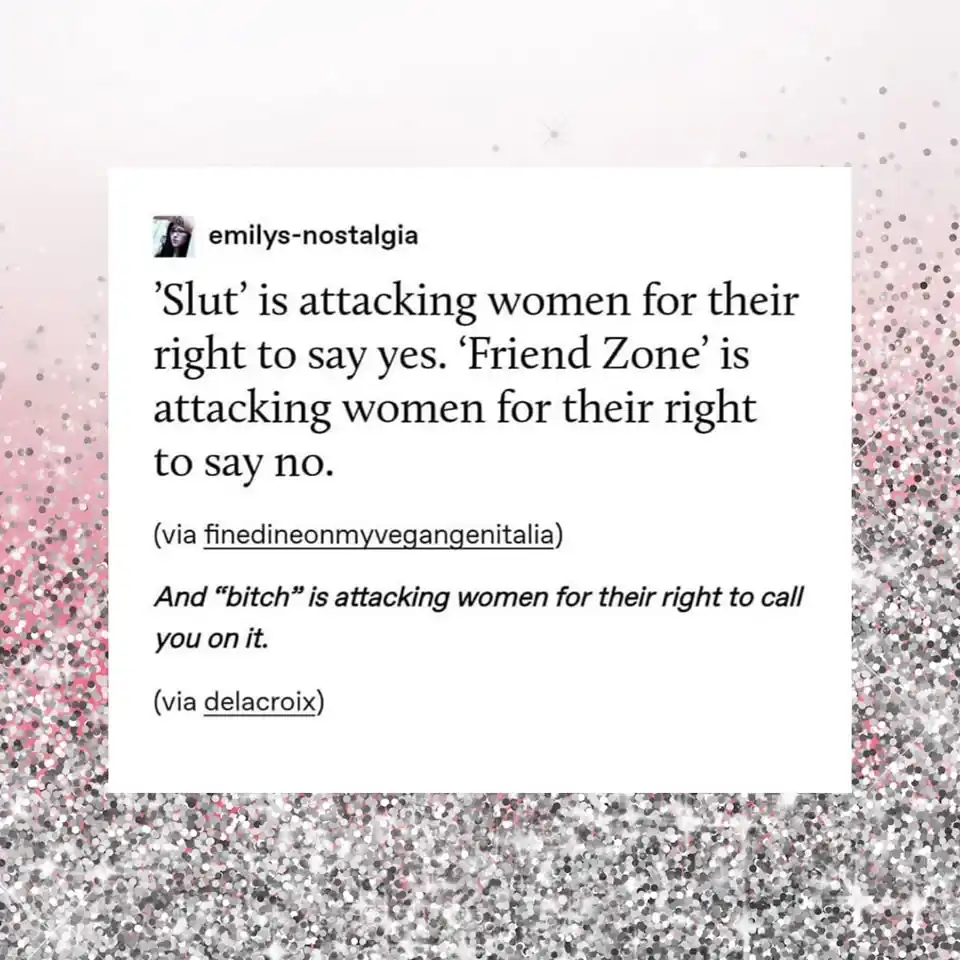A white text box on a glittery pink and silver background displays a social media post by 'emilys-nostalgia' that reads…