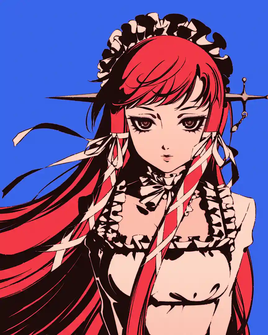 An anime-style illustration of a young woman with long red and black hair, wearing a frilly white outfit with ribbons and a…