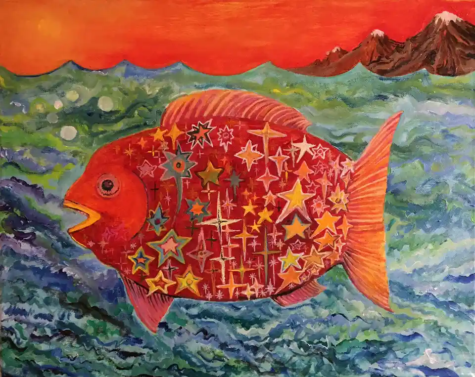 A vibrant painting depicts a large, red fish swimming through stylized, colorful water with mountains in the background…