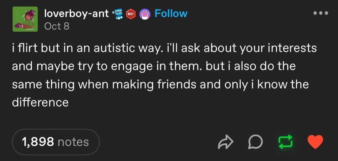 A screenshot of a Tumblr post by user 'loverboy-ant' dated Oct 8, showing white text on a dark background. The text…