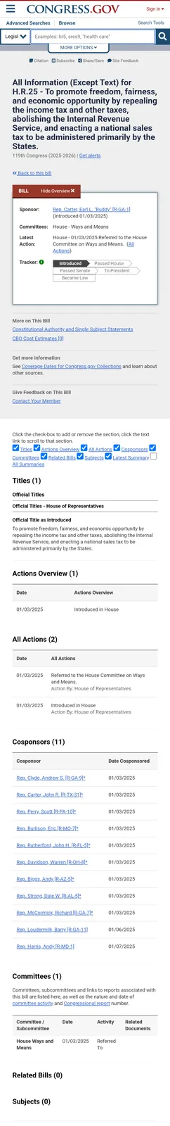 A screenshot of the Congress.gov webpage for H.R.25, a fictional bill introduced in 2025 by Rep. Earl L. 'Buddy' Carter. The…