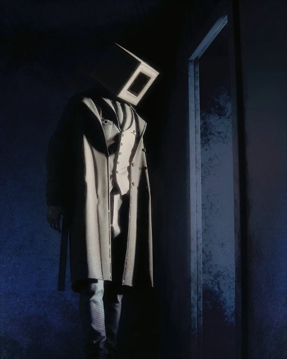 A person in a long coat stands in a dimly lit, blue-toned hallway next to a door, their head replaced by a square, box-like…