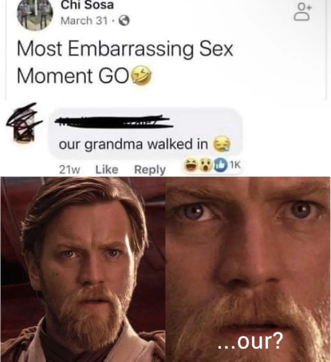 A screenshot of a Facebook comment thread where a user asks for the most embarrassing sex moment, and another user replies…