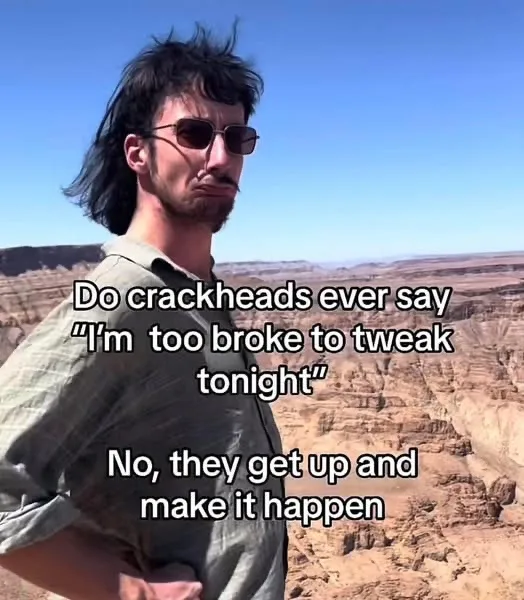A man with dark hair, sunglasses, and a beard stands in a desert canyon with a skeptical or smug expression. The overlaid…