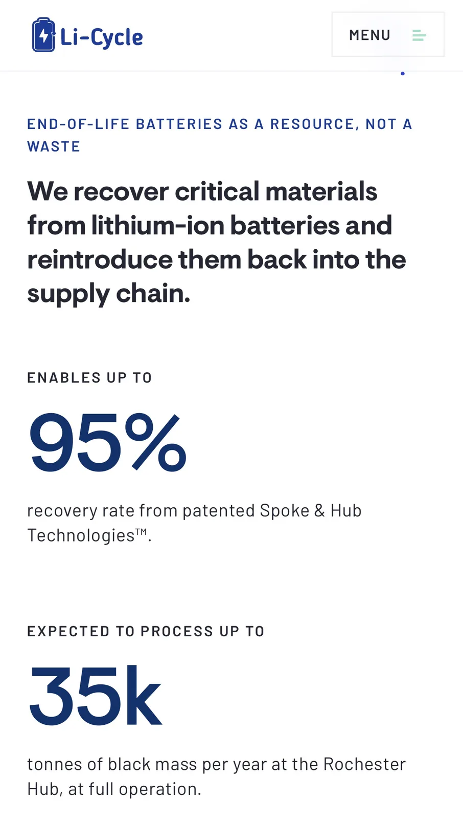 A screenshot of Li-Cycle's website highlighting their battery recycling process, showing text that claims they recover…