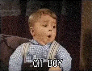 A six-panel grid shows a young boy in a checkered shirt and suspenders reacting with wide-eyed surprise and an open mouth…