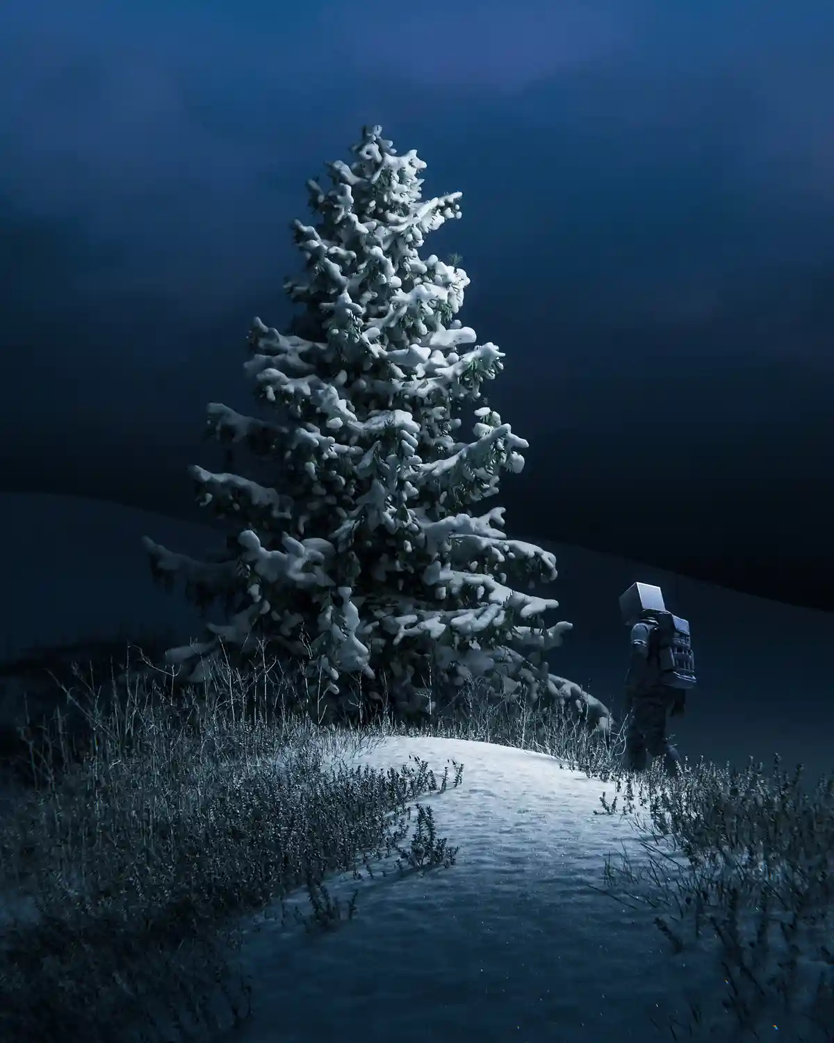 A lone figure with a box for a head and a backpack walks through a snowy, dark landscape toward a large snow-covered pine…