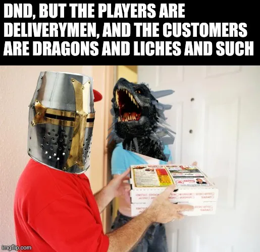 A person in a red shirt and medieval-style helmet delivers pizza to a door, while a dragon mask peeks out from behind the…