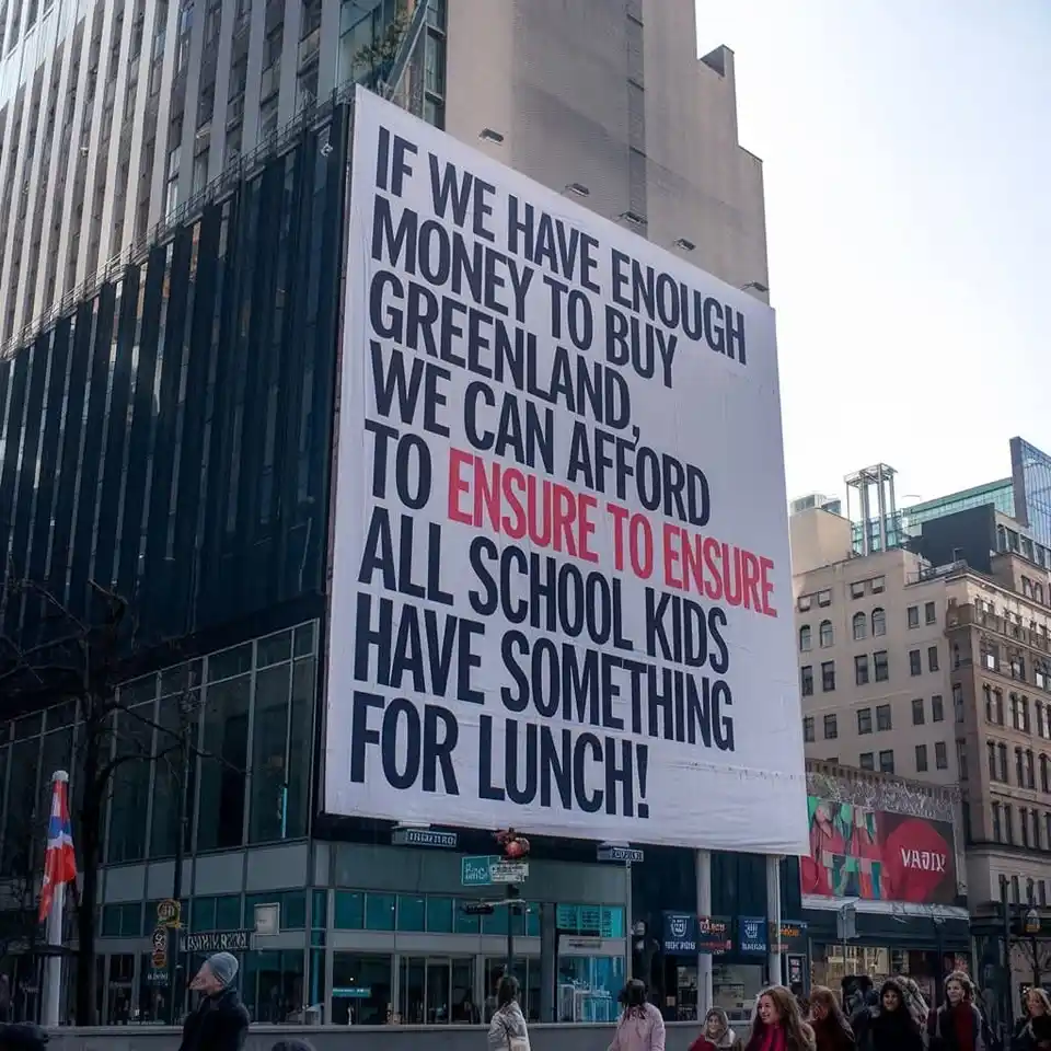 A large white banner is mounted on a city building, displaying bold black text with the phrase 'TO ENSURE TO ENSURE'…