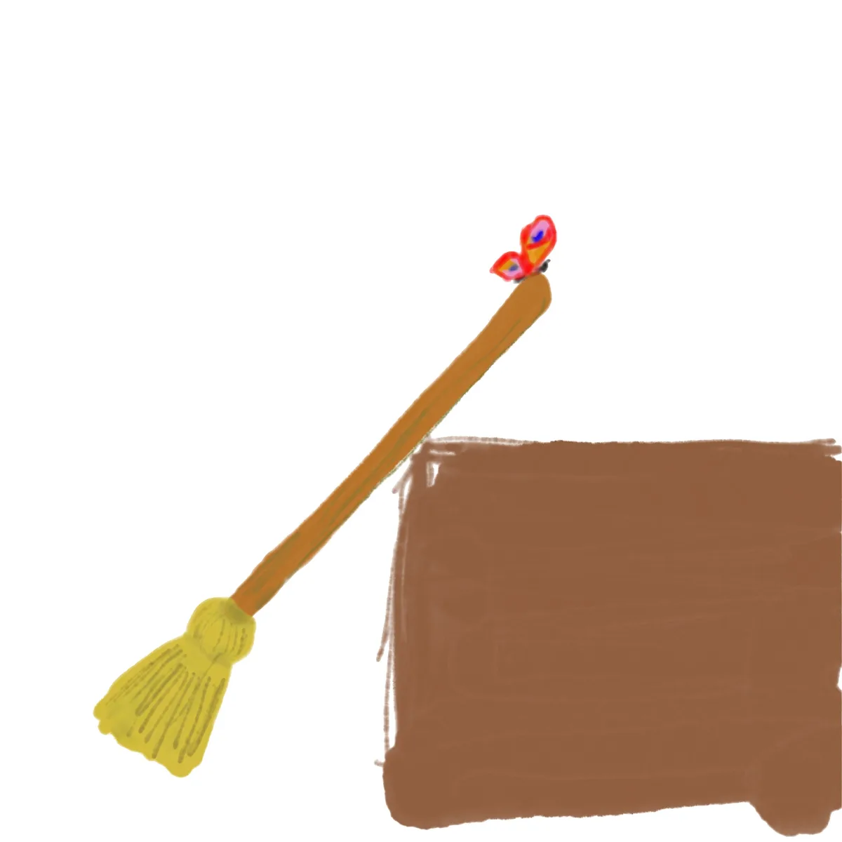 A simple, hand-drawn illustration shows a broom leaning against a brown, rectangular object resembling a trash can or bin. A…