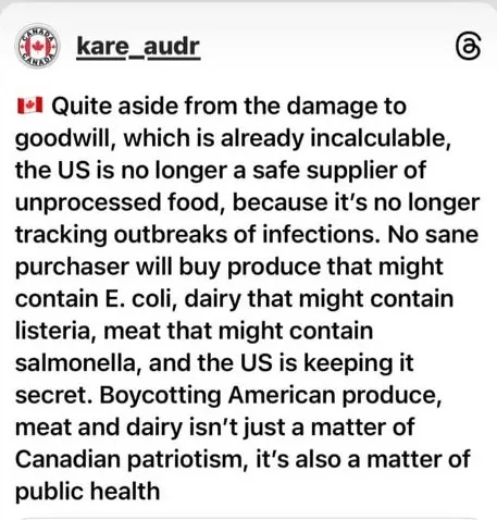 A screenshot of an Instagram post by user 'kare_audr' featuring a Canadian flag emoji and a block of text arguing that the…