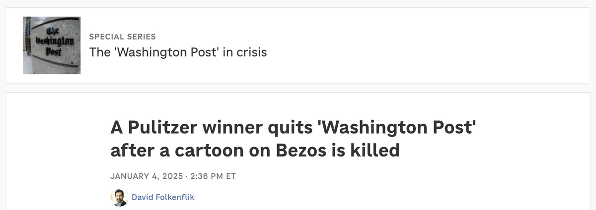 The image shows a screenshot of a news article from 'The Washington Post' with the headline 'A Pulitzer winner quits…