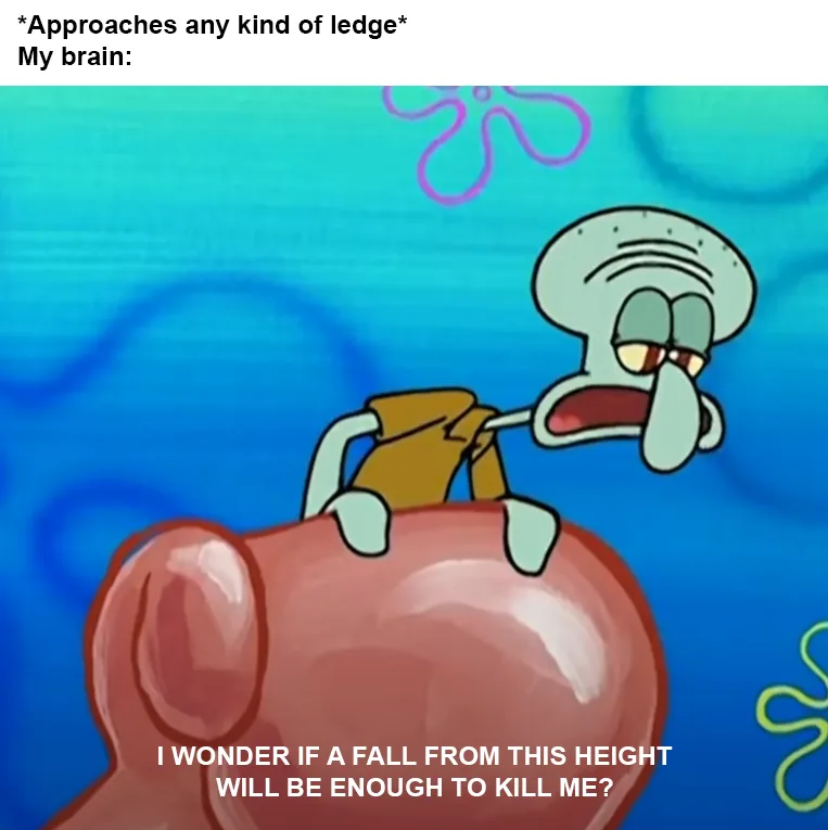 Squidward from SpongeBob SquarePants is shown perched precariously on a ledge, looking terrified with wide eyes and a gaping…