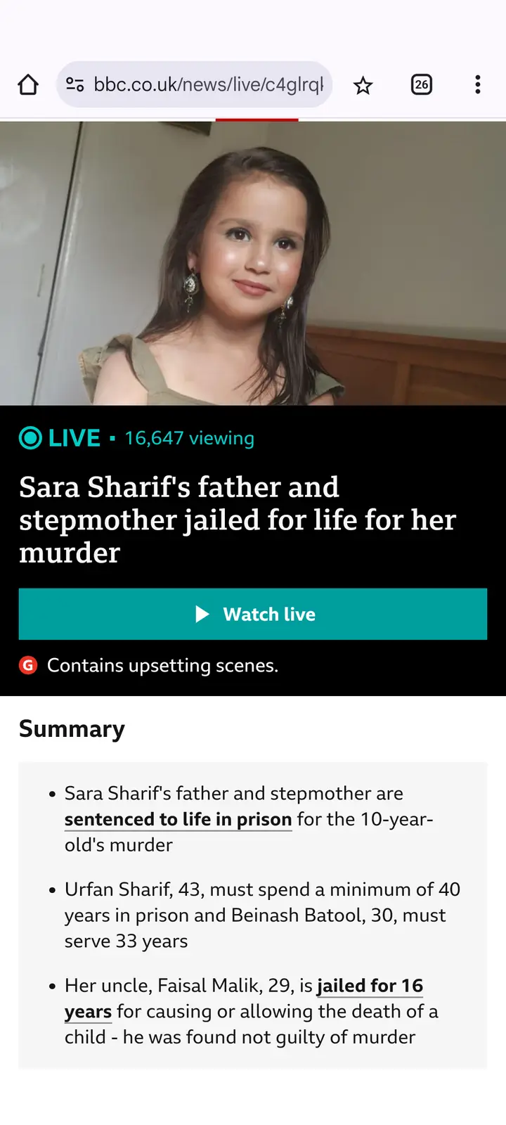 A screenshot of a BBC News live broadcast page featuring a photo of a young girl, Sara Sharif, with overlaid text announcing…