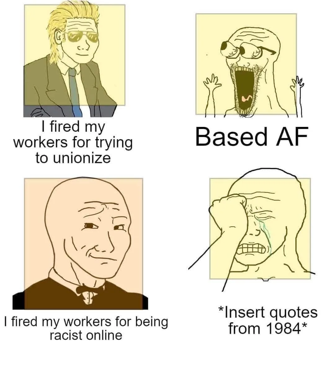 A four-panel meme grid featuring four distinct cartoon characters. Top-left shows a man in a suit and sunglasses with text…