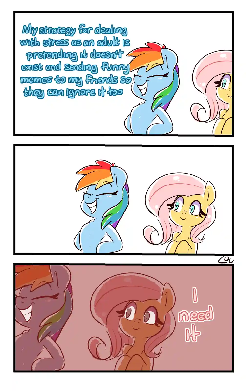 A three-panel comic featuring Rainbow Dash and Fluttershy from My Little Pony. In the first two panels, they are smiling and…