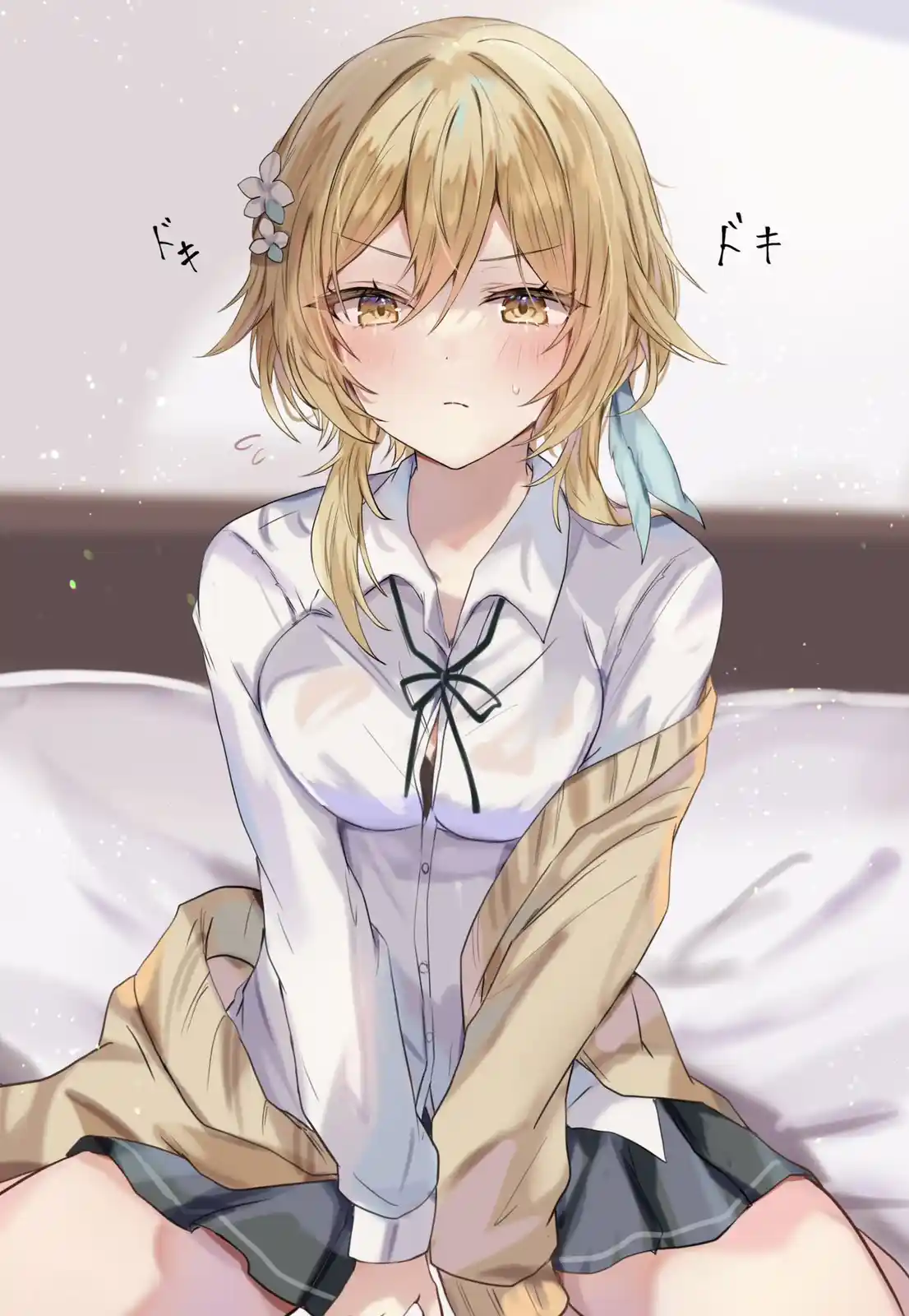 An anime-style illustration of a young woman with blonde hair, wearing a white blouse with a black bow and a beige jacket…