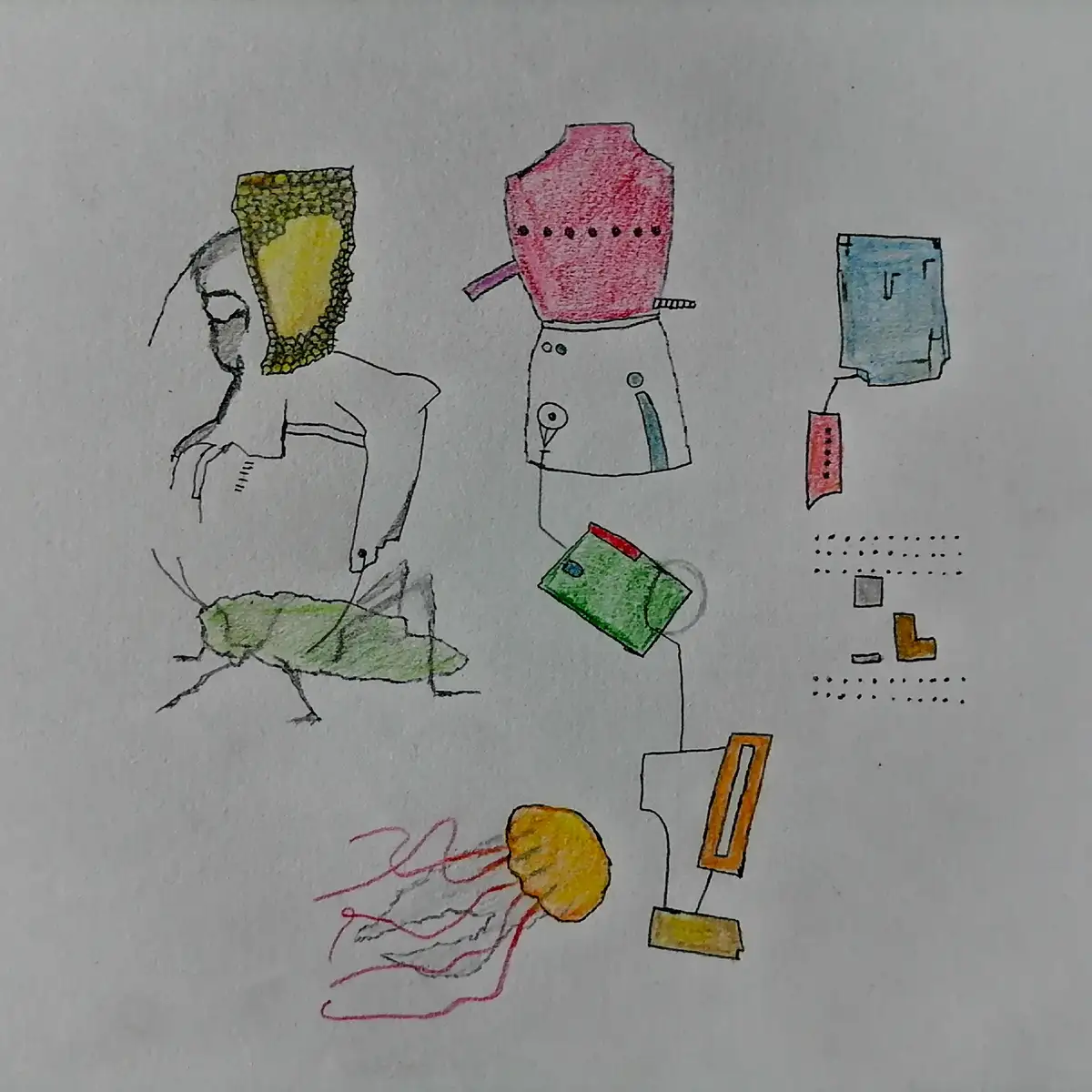 A hand-drawn, colorful illustration shows a person with a pineapple for a head, a pink robot with a white torso, a green…