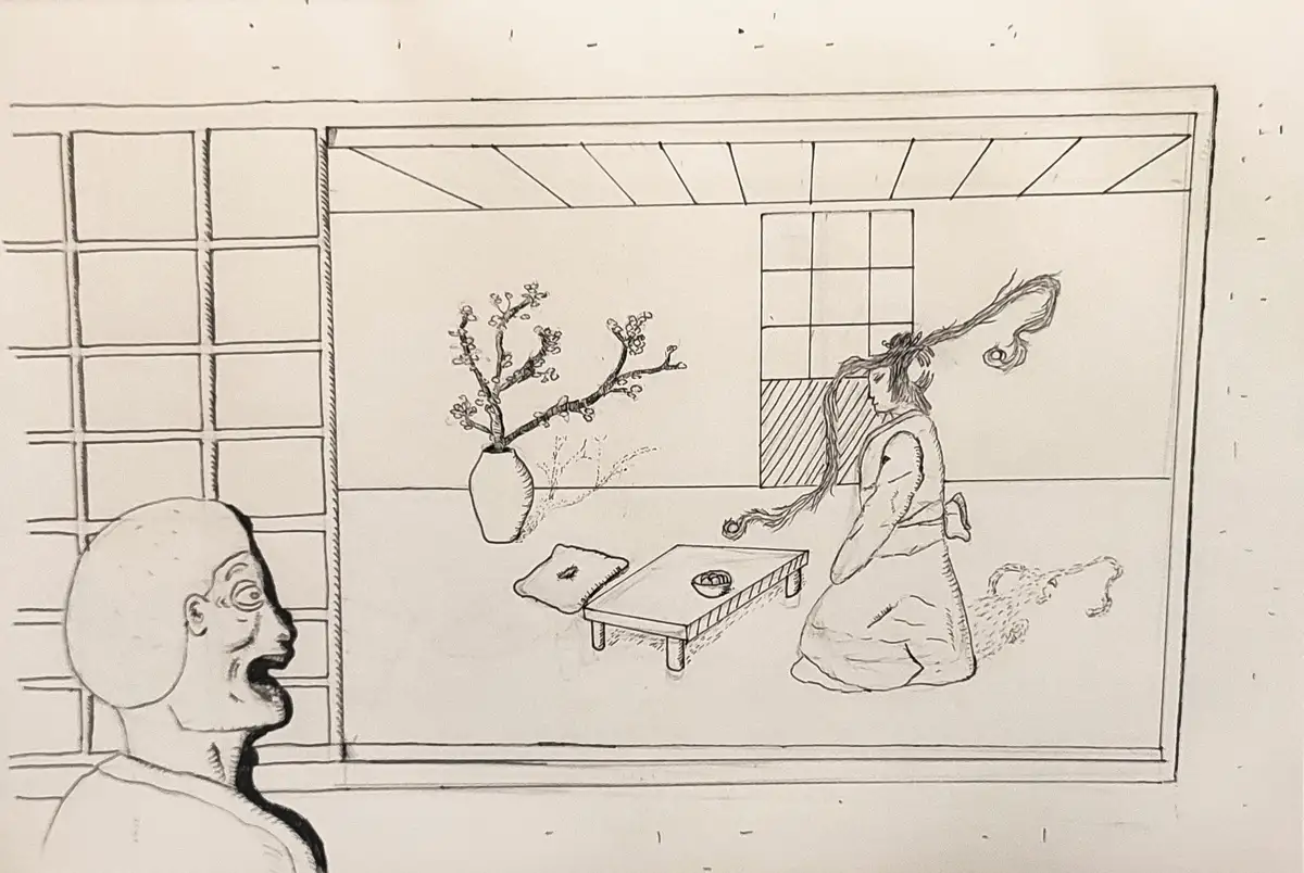 A black-and-white sketch shows a bald man with a shocked expression looking at a traditional Japanese room. Inside, a person…