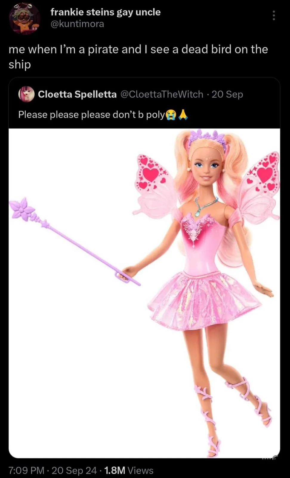 A pink Barbie fairy doll with heart-patterned wings and a wand is shown against a white background. The image is overlaid…