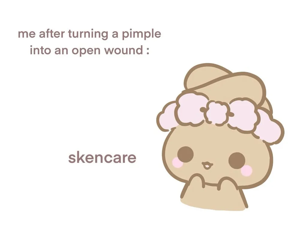 A cute, tan-colored cartoon character with a fluffy pink headband and rosy cheeks looks down with a sad expression. Text…