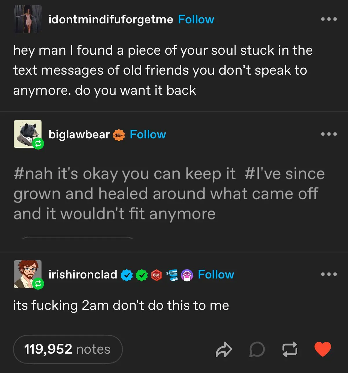 A screenshot of a Tumblr-style comment thread shows a user asking if another user wants a 'piece of their soul' found in old…