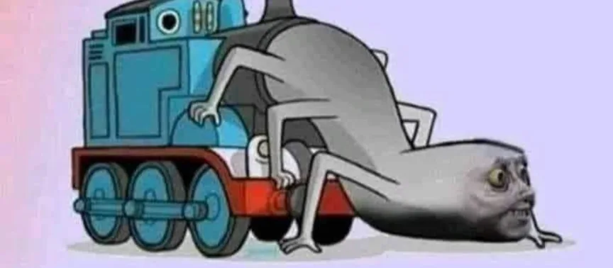 A cartoon blue train with a human-like face and limbs is shown in a distorted, monstrous form, with its head and arms…
