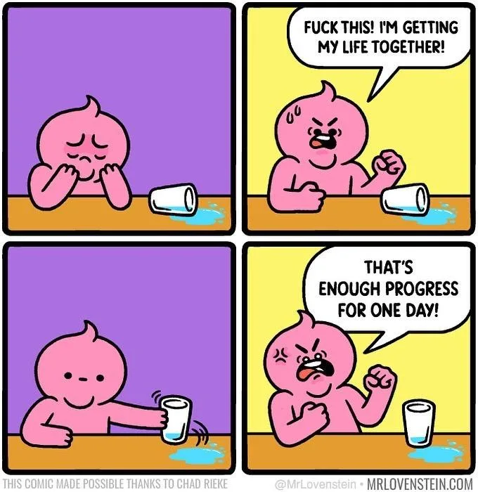 A four-panel comic shows a pink cartoon character initially looking sad with a spilled glass of water. In the next panel…