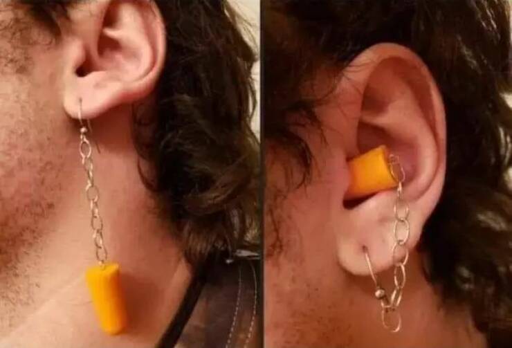 A split image shows a person's ear with a chain earring and a yellow earplug dangling from it. In the second image, the same…