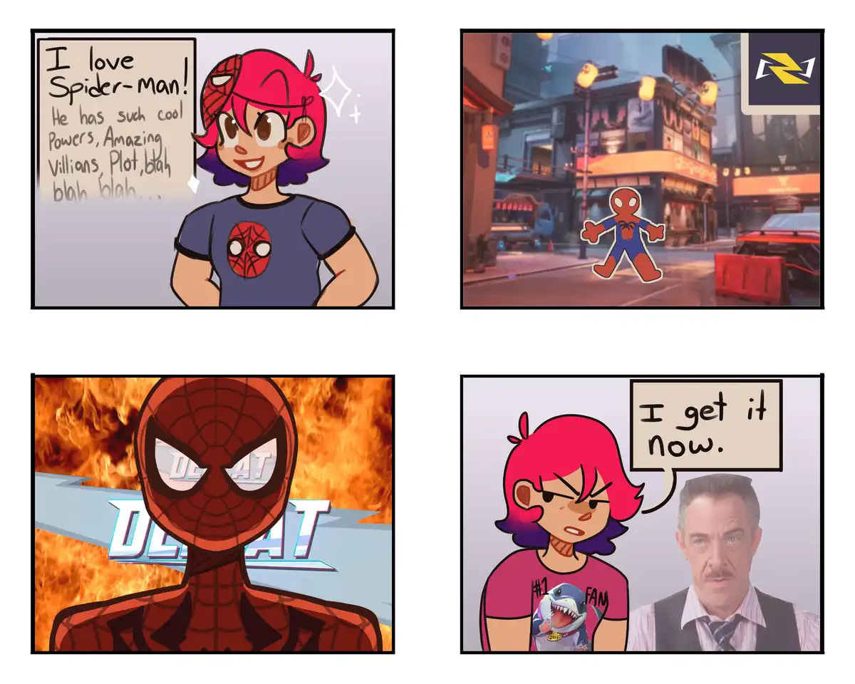 A four-panel comic strip shows a fan enthusiastically praising Spider-Man's powers and villains, then seeing a simplistic…