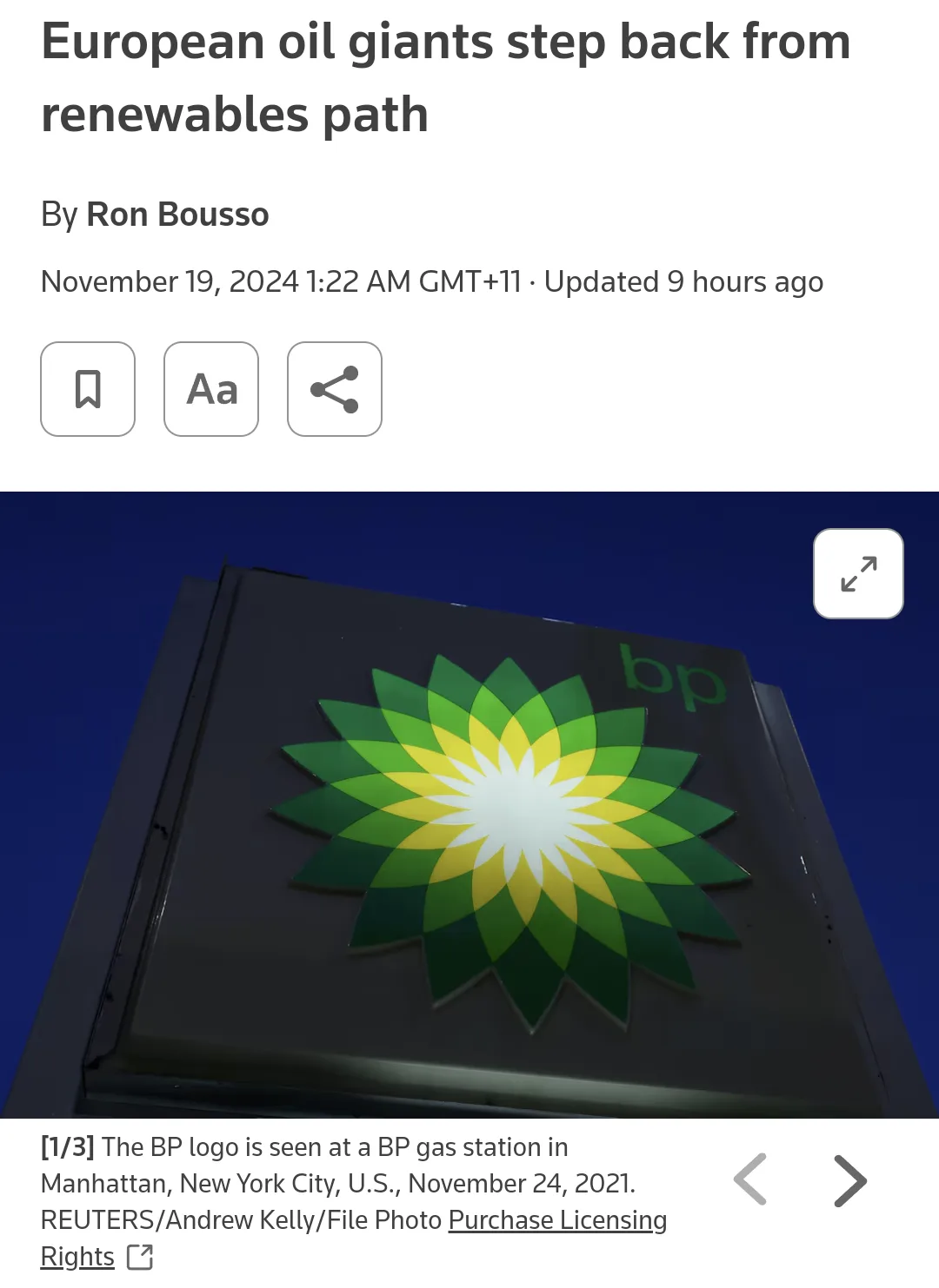 A screenshot of a news article header showing the headline 'European oil giants step back from renewables path' by Ron…