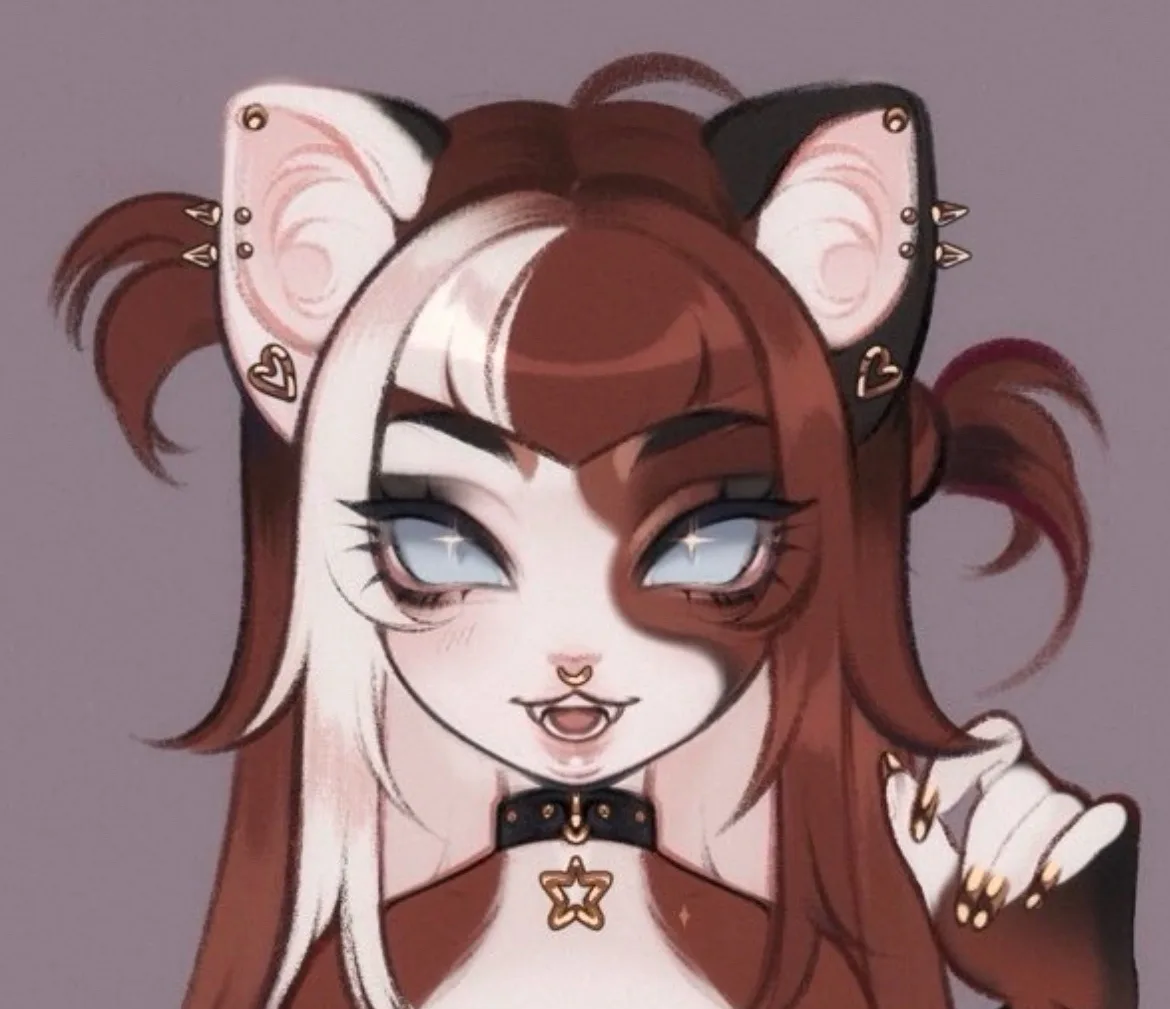 An anime-style illustration of a catgirl with brown and white hair, cat ears adorned with studs and heart charms, and a…