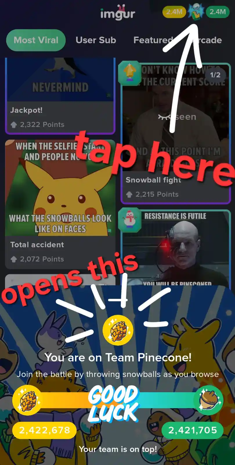 An Imgur app screenshot shows a 'Snowball fight' game overlay where users can join Team Pinecone or Team Acorn by tapping…