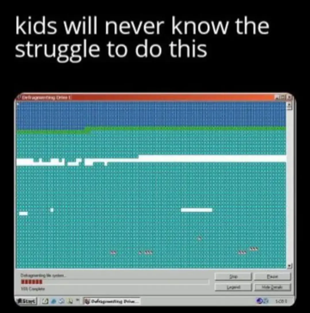 The image shows a Windows 98-era defragmentation utility window with a progress bar at 100% complete. The screen displays a…