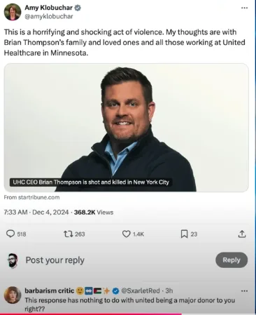 A screenshot of a tweet from Amy Klobuchar showing a photo of Brian Thompson, with overlaid text stating 'UHC CEO Brian…
