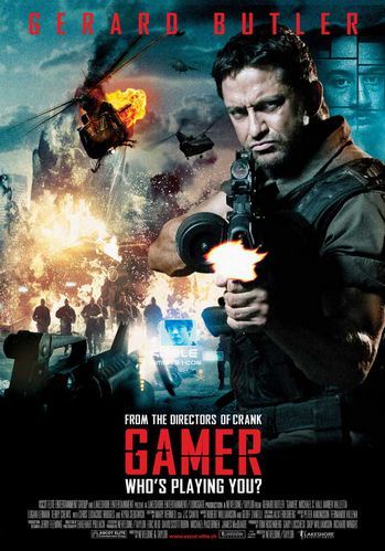 This is a movie poster for the film 'Gamer' starring Gerard Butler, showing him holding a gun with a fiery muzzle flash, set…