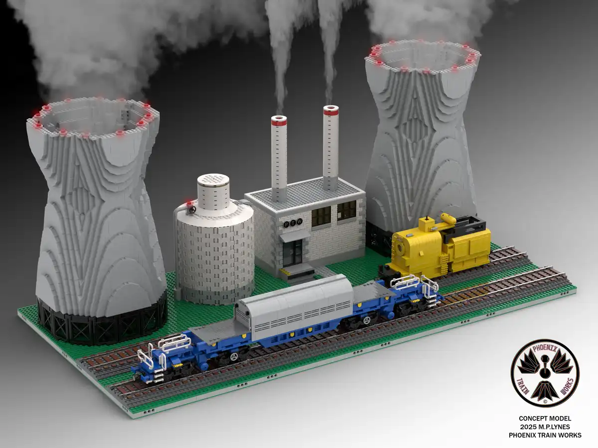 A detailed LEGO model of a train station with two large cooling towers, smokestacks, and a building labeled 'PTW'. A yellow…