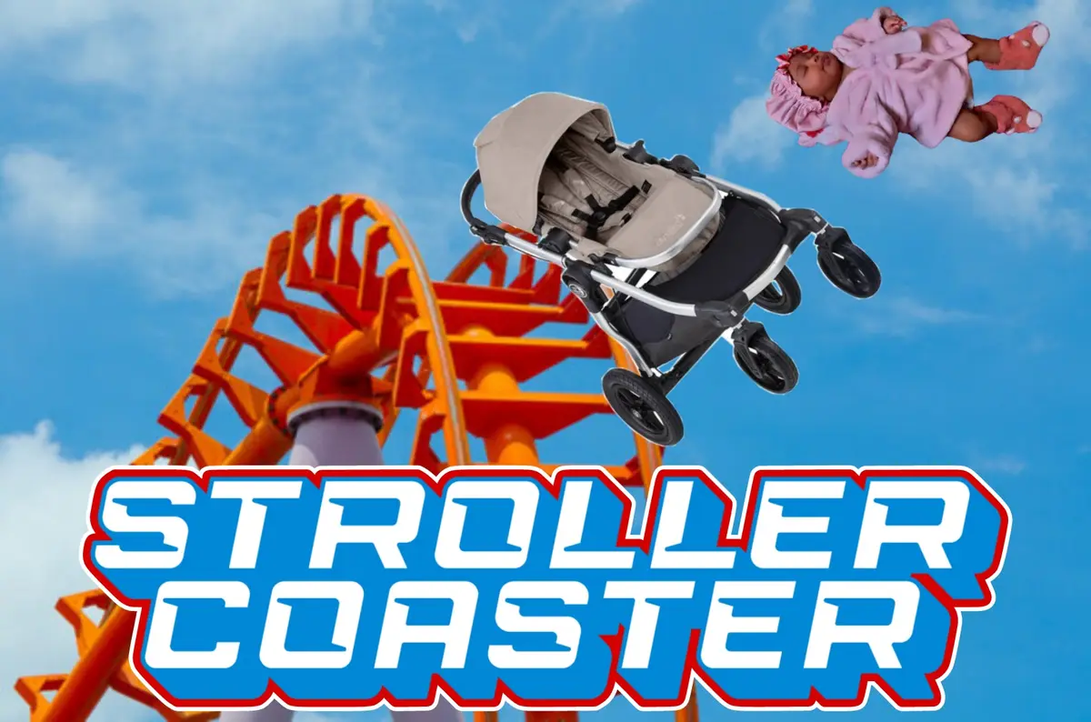 A baby in a pink outfit floats in the sky next to a stroller, both appearing to be airborne near an orange roller coaster…